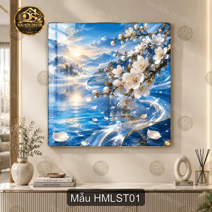Tranh HMLST01 hoa trắng và hồ xanh